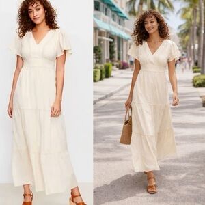 LOFT Beach Flutter Sleeve V-Neck Tiered Embroidered Maxi Dress Cream S